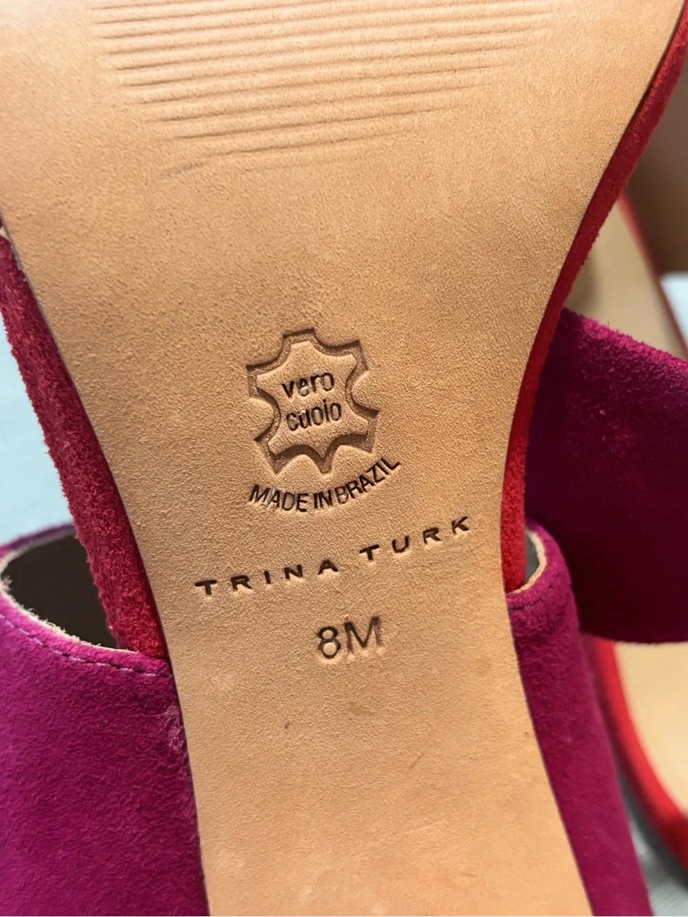 NEW Trina Turk Two-Band Suede Slip-on Mule Heels in Purple Hot Pink Leather 8 M